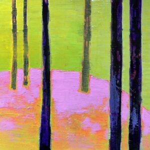 painting of 6 trees with a vivid hot pink pond