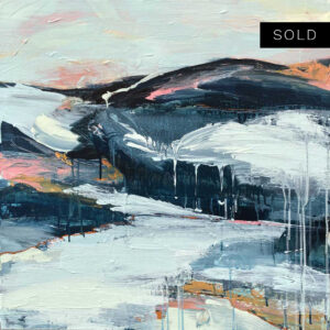 Abstract landscape painting featuring pale blue and dark blue with hits of pink and orange