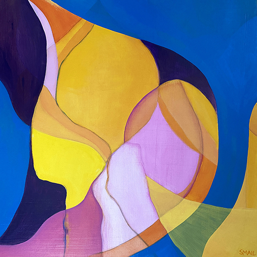 Vividly coloured abstract painting with swoop of bright blue surrounding gold and pink forms