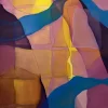 Blue ribbons cross a tall abstract painting