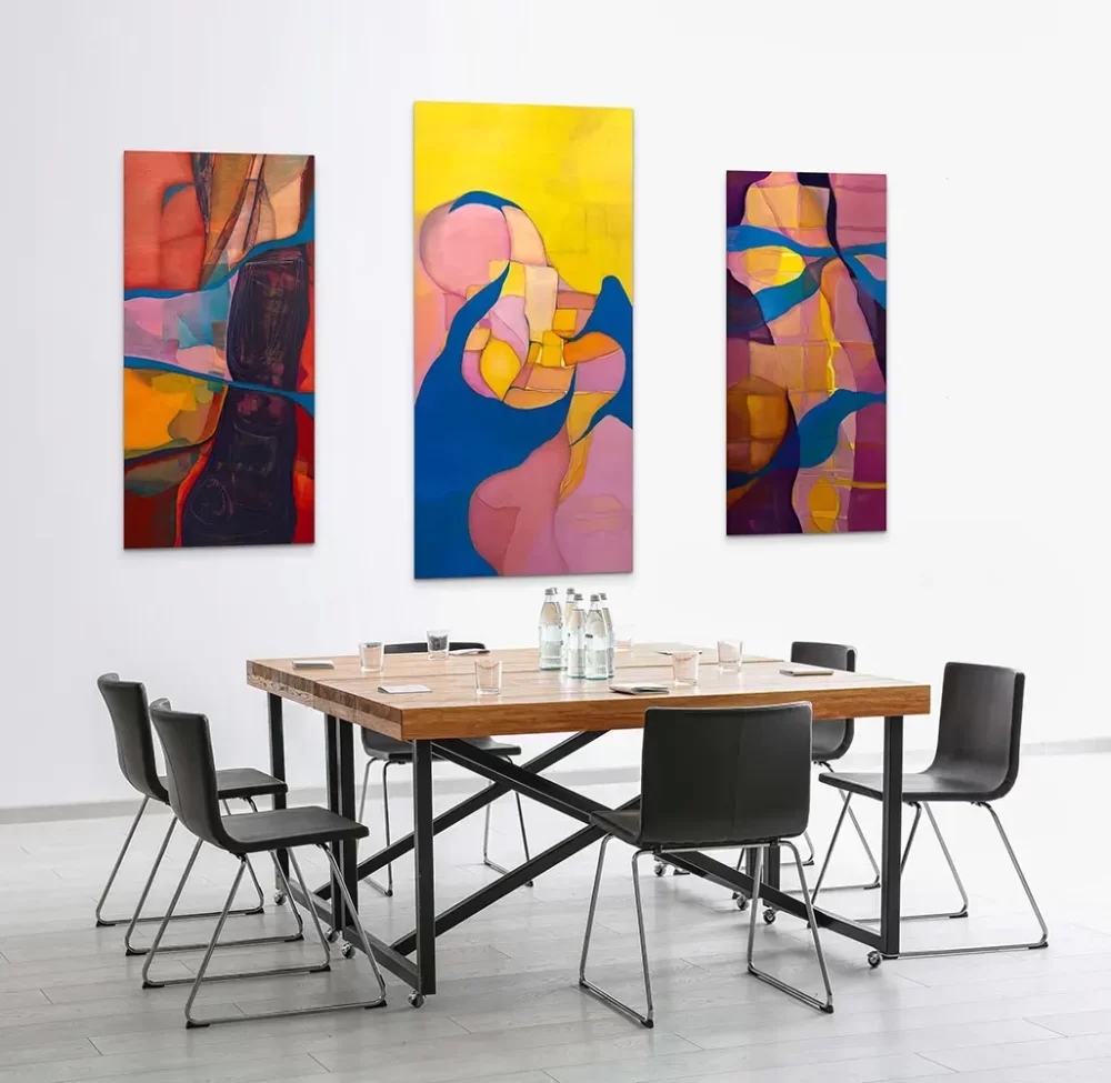 3 abstracts beside a large dining table