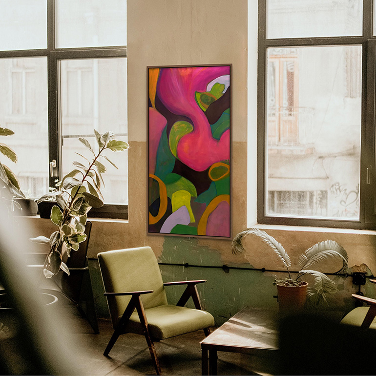 Magenta and green abstract enlivens a loft space