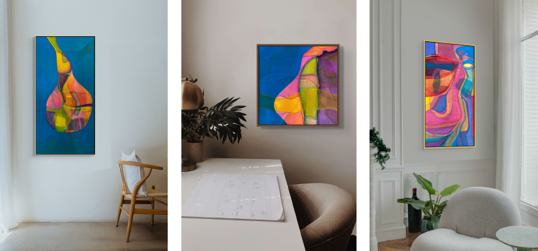 Three abstract paintings shown in home interiors
