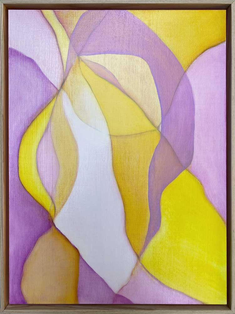 Pink and gold abstract in oak floater frame