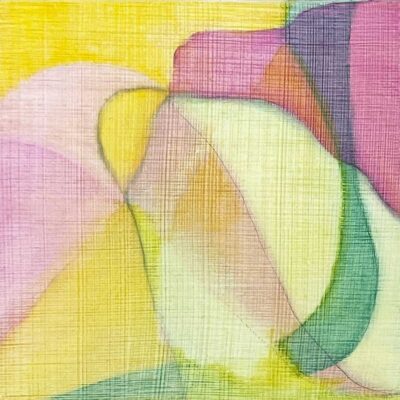 Soft yellow with pinks and greens in a small square abstract