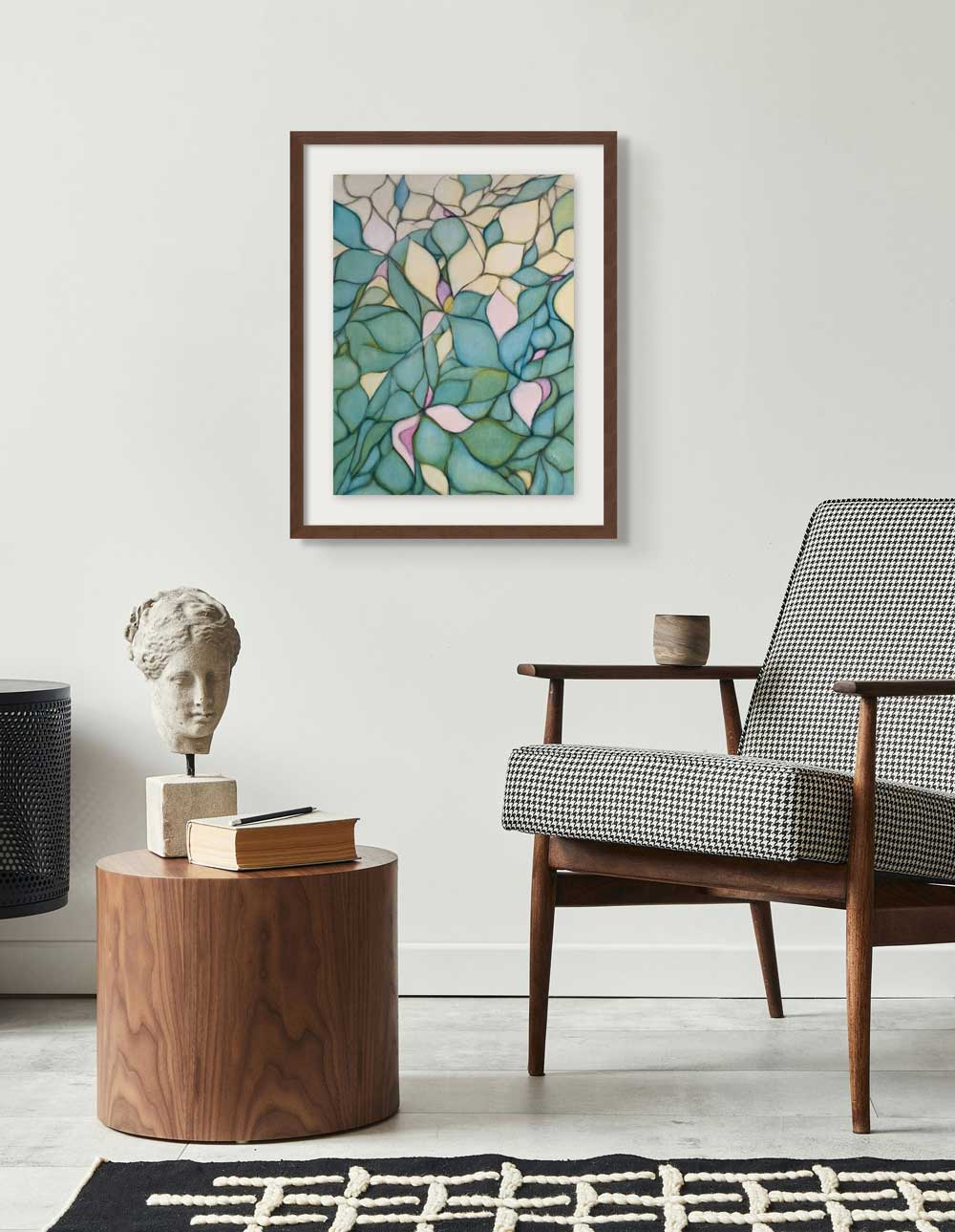 A botanically-inspired abstract of turquoise and yellow leaf-like shapes