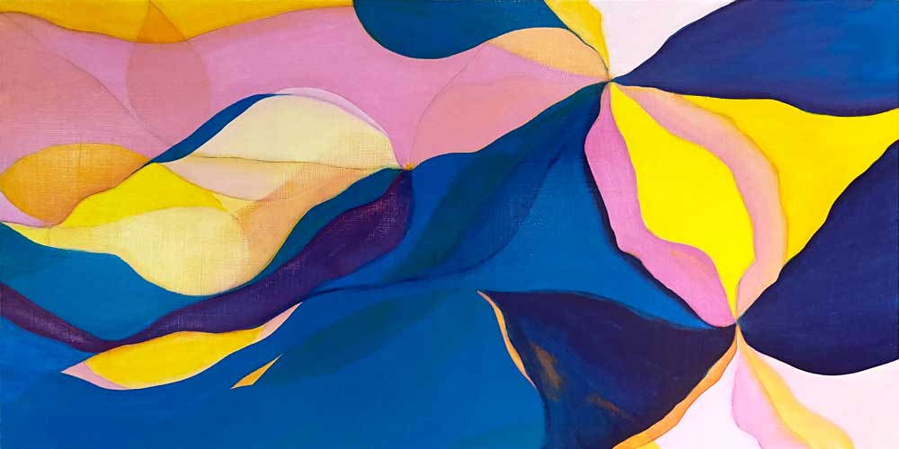Blue, pink and yellow forms flow across a horizontal abstract painting