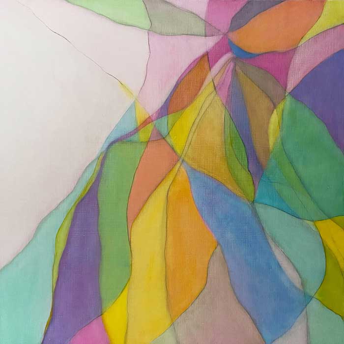 Abstract oil painting with lines and coloured shapes suggesting movement