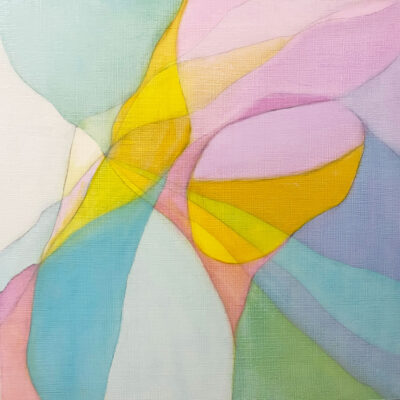 Soft pastel colours radiate and fragment in this abstract oil painting