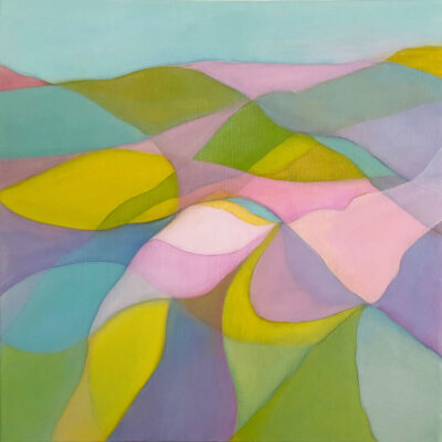 Softly colourful abstract landscape featuring pinks, greens, violets and blues