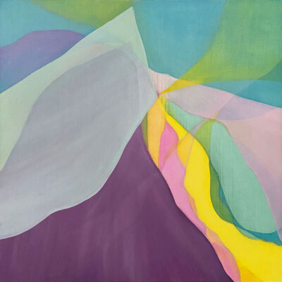 A pale peak set against deep violet, bright yellow and pink in this abstract landscape