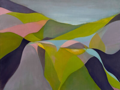 Deep violet grounds flowing forms of green, bright blue, pink and a moody violet