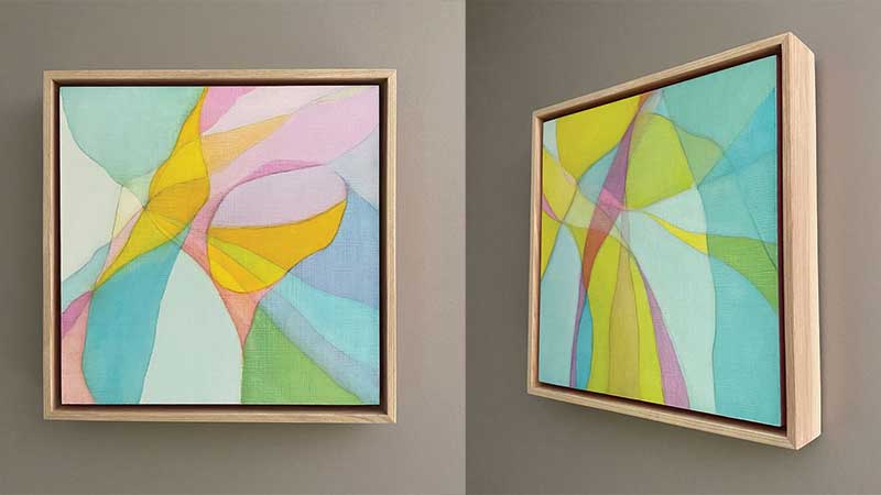 2 framed small square abstract paintings